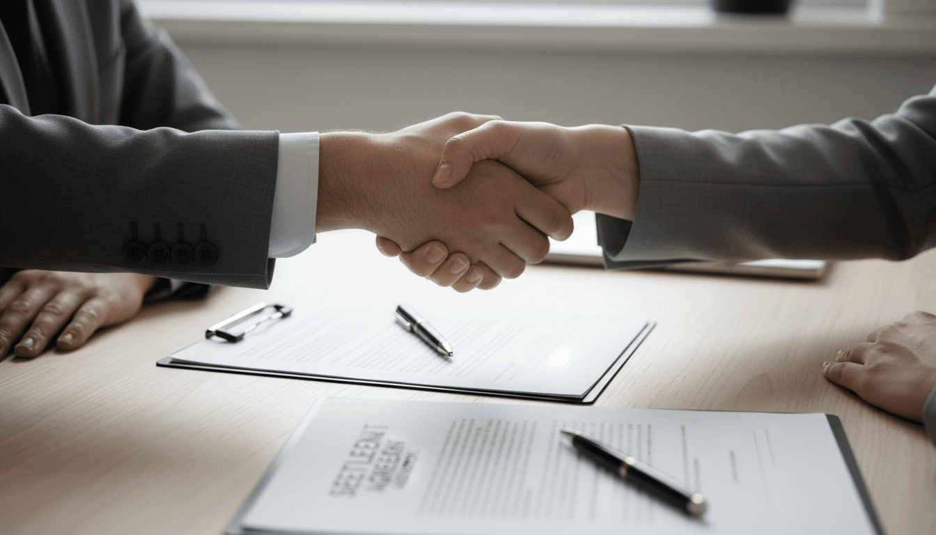 Handshake between two professionals concluding mediation agreement