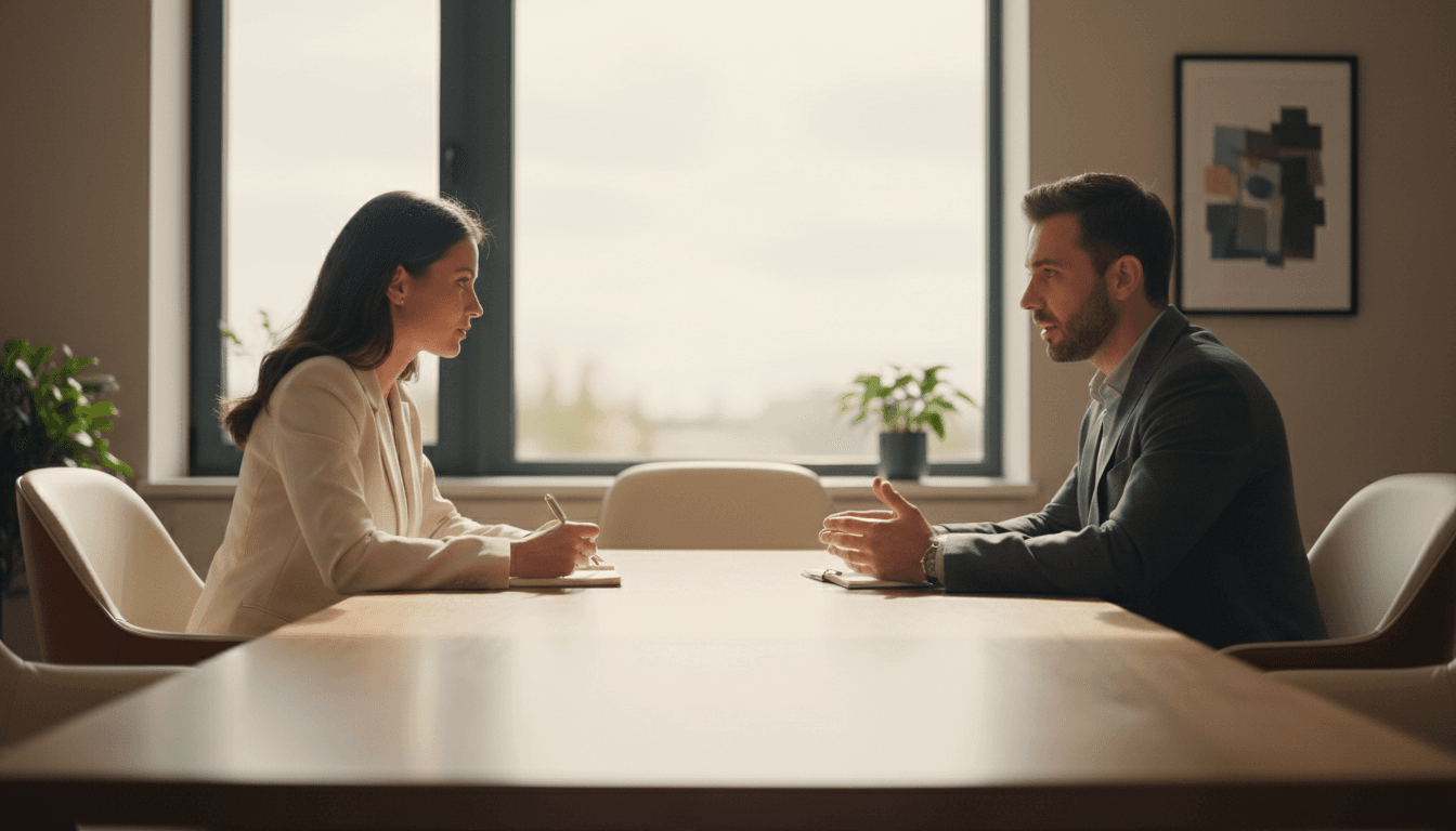 Two professionals having a constructive conversation in a modern meeting room